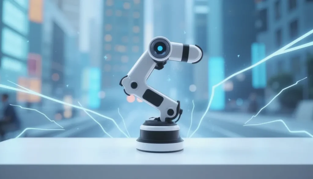 Futuristic image of Reachy Mini open-source robotic arm on minimal white desk with glowing AI data flows and modular components in soft tech-inspired environment