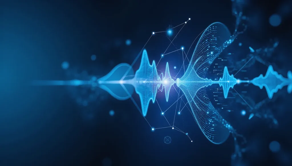 Futuristic AI-powered workspace showing real-time Whisper voice transcription using Hugging Face inference endpoints with glowing automation circuits