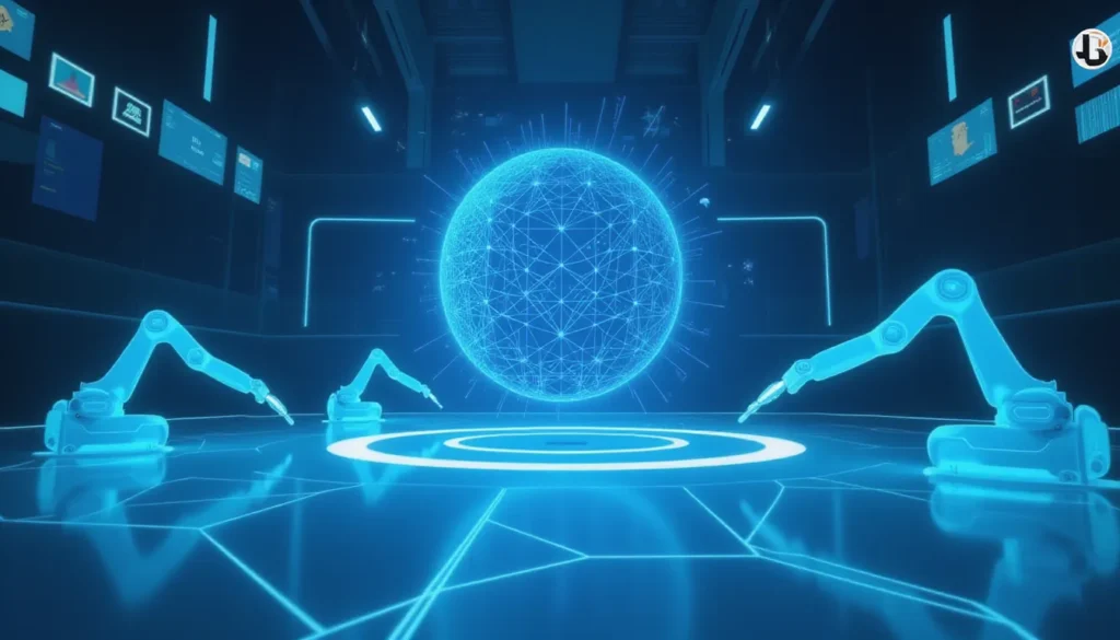 Digital concept of AI-powered robotics automation showing interconnected holographic nodes, robotic arms, and futuristic data flows representing generalist robotics datasets like LeRobot