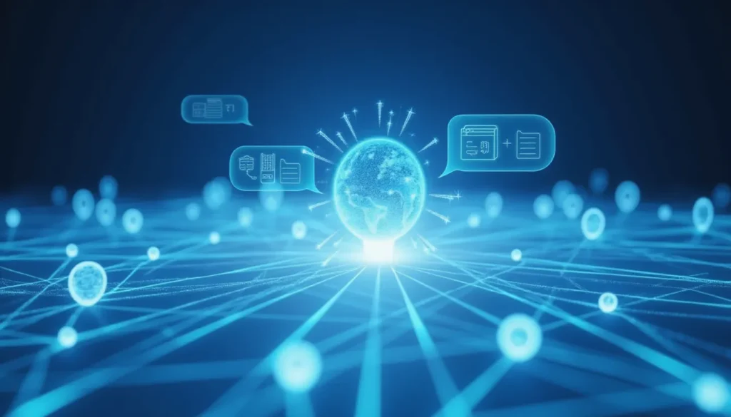 Visual representation of SmolLM3 automating multilingual business workflows using AI, displaying abstract neural networks and futuristic icons symbolizing long context understanding and data-driven automation across languages.