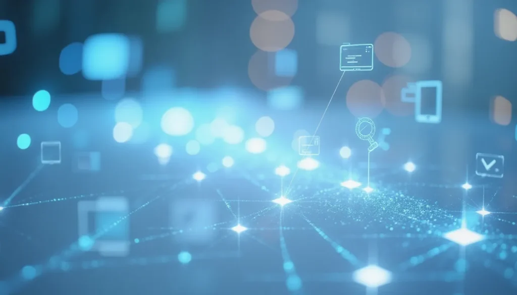 Futuristic clean AI workspace visualizing sparse embedding workflows and hybrid automation with glowing data nodes and minimal tech design