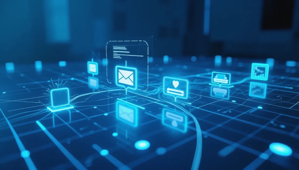 Futuristic AI-powered workspace visualizing structured automation flows with modular connections and smart data logic in a minimalist tech environment