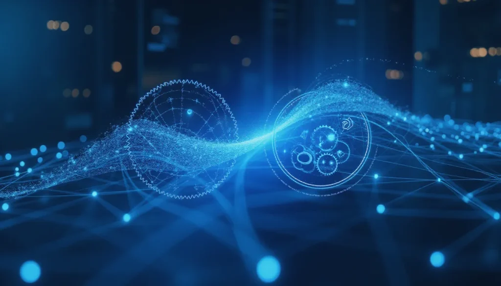 Futuristic workspace with abstract AI automation flows representing lightweight Trackio vs complex WandB experiment tracking systems