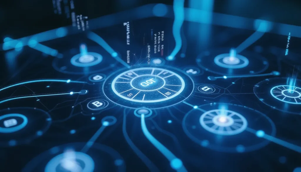 Minimalist futuristic AI workspace visualizing a Vision Language Model training flow with glowing neural data streams, blending image and text modalities