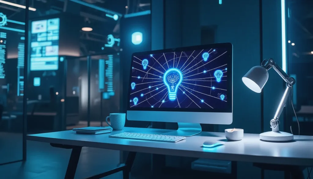 Futuristic minimalist AI workspace showing automated workflows inspired by Transformers library, with glowing model nodes and automation circuits representing AI standardization