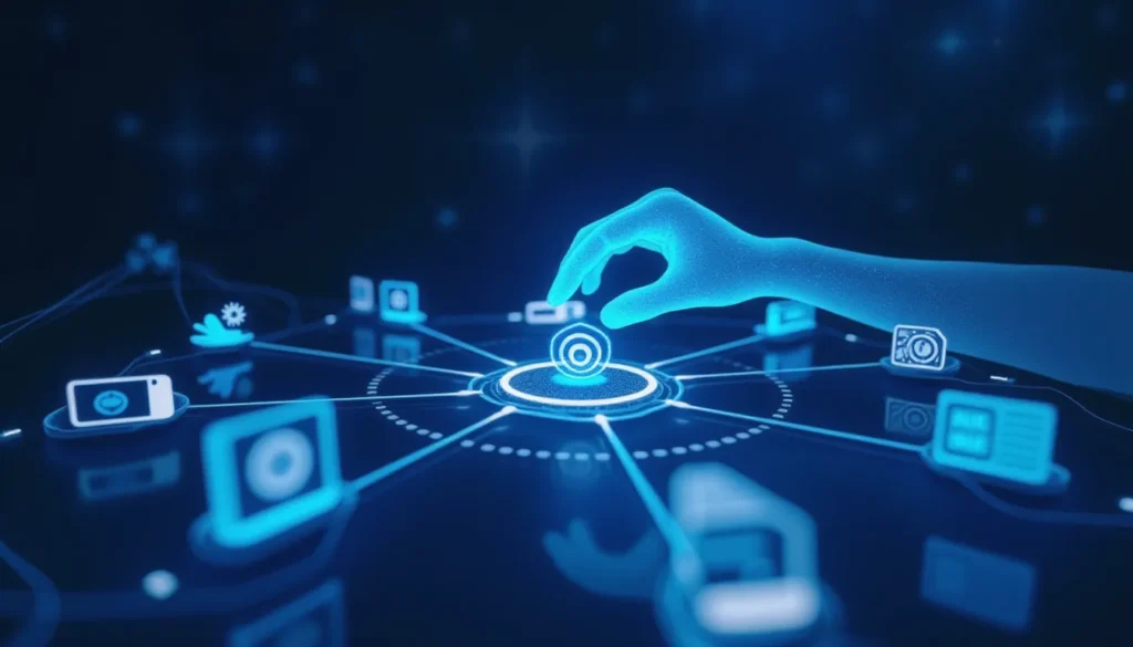 Futuristic AI workspace with abstract circuit workflow showing Vision Language Model alignment for business automation