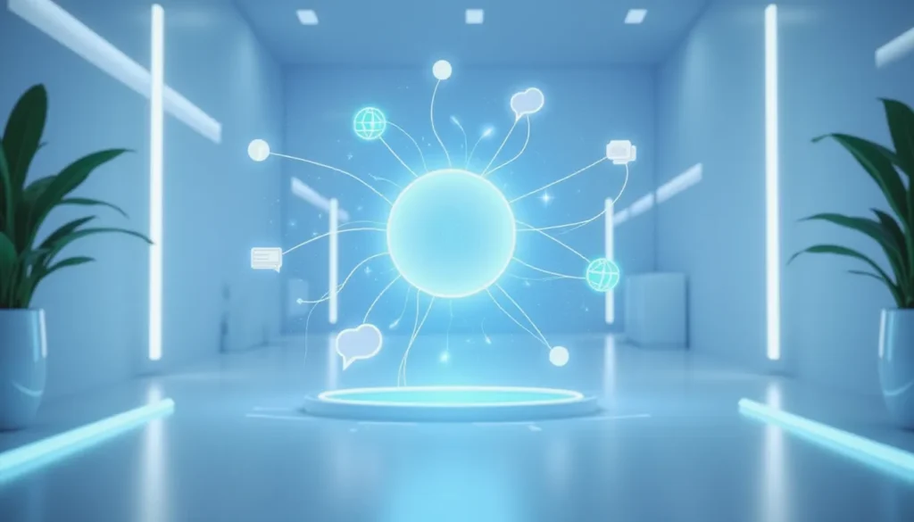 Futuristic AI automation setup illustrating RTEB-based retrieval workflows across multilingual business domains