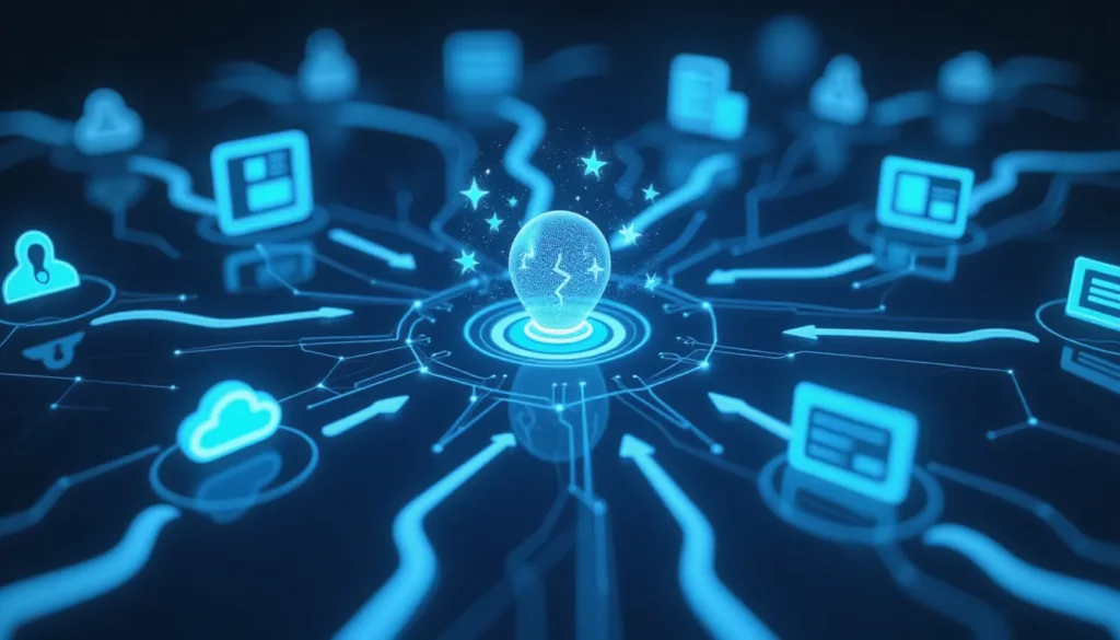 Futuristic tech workspace showing AI automation and interconnected workflows symbolizing Public AI via Hugging Face in business automation setup