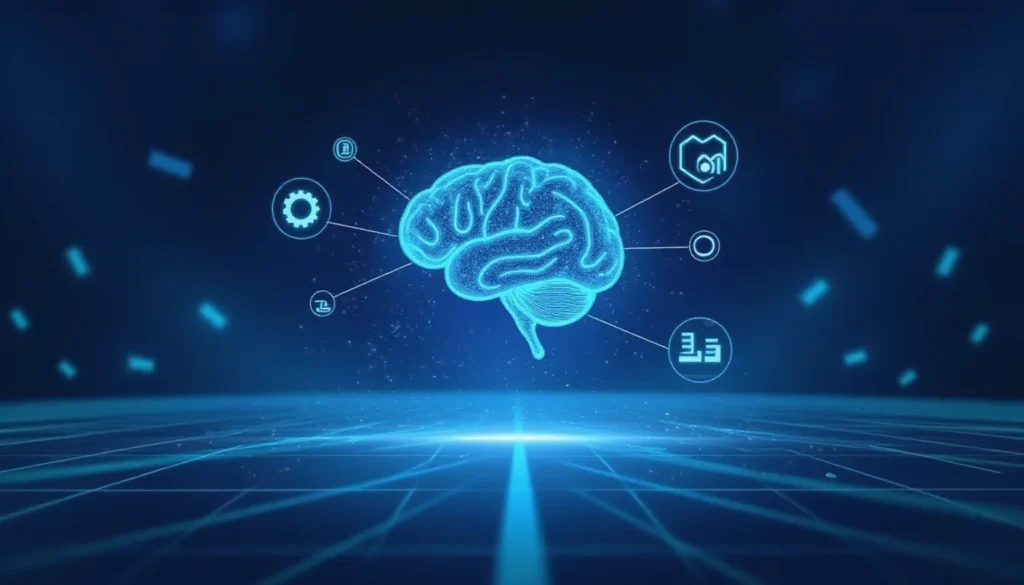 Futuristic AI workspace showing multilingual automation and neural embedding workflows powered by lightweight models