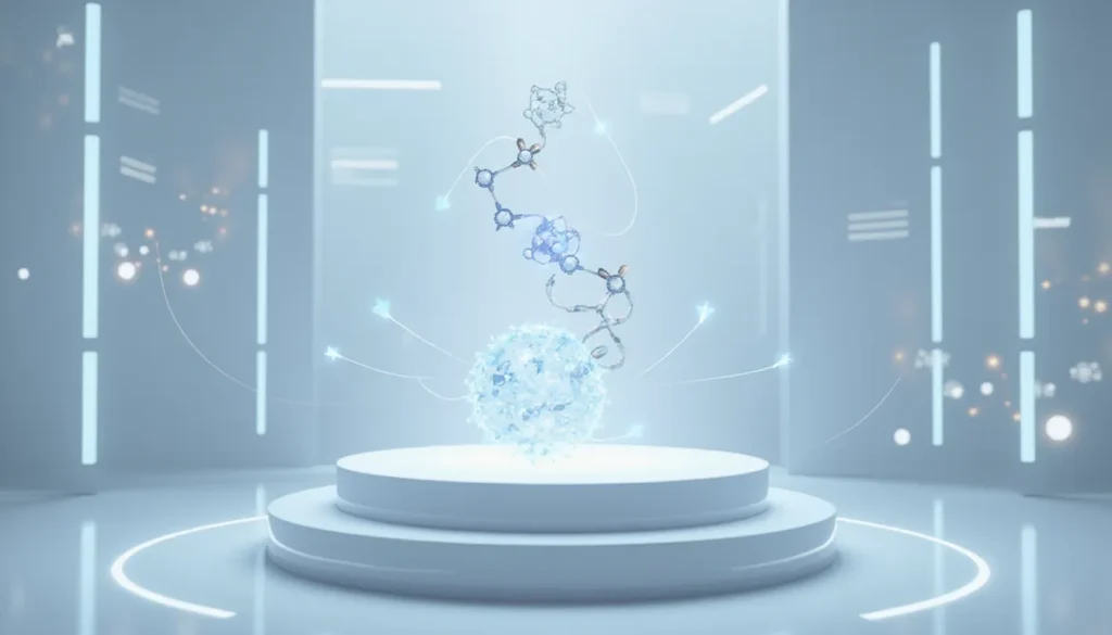 Futuristic AI lab visualizing allergy-related data with glowing protein structures and neural network connections representing food allergy research automation