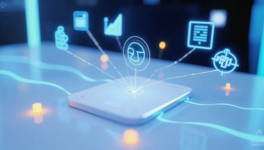 Futuristic minimalist workspace showing AI automation with Jupyter Agents performing data science tasks via glowing icons and abstract circuit flows