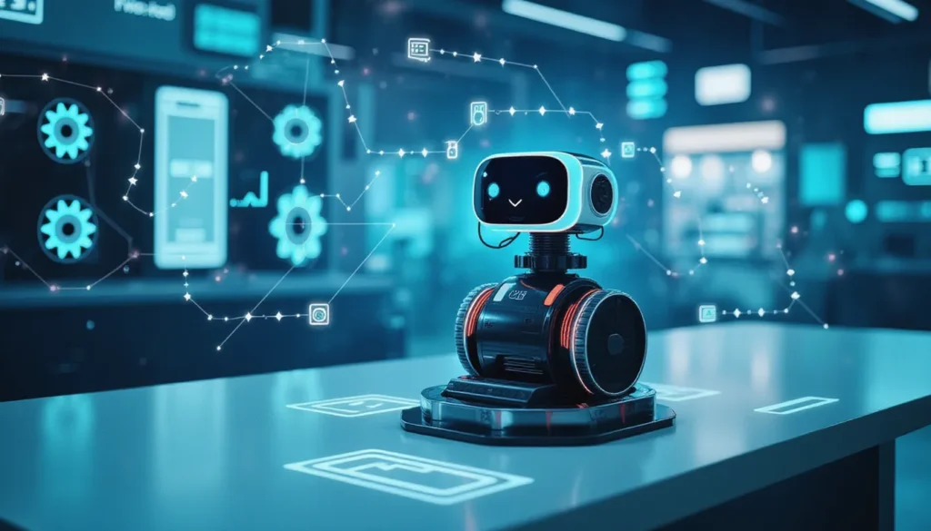 Futuristic AI workspace with modular robot and glowing automation circuits, representing robotics hackathon innovation