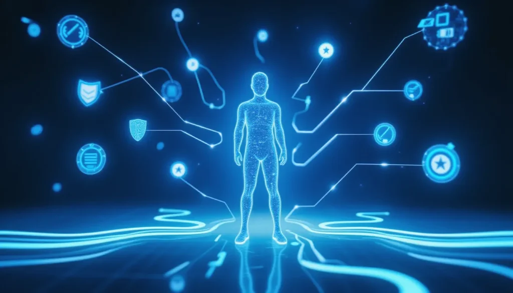 Futuristic digital artwork showing secure AI automation with glowing data flows and network icons symbolizing Hugging Face models scanned by VirusTotal in a high-tech, minimalist workspace