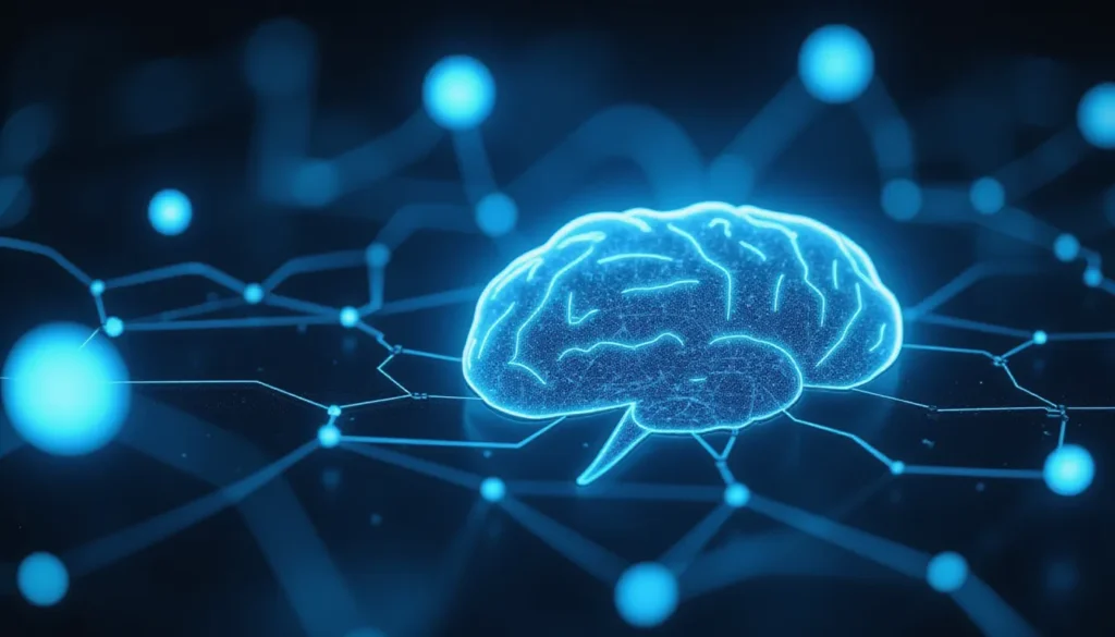 Futuristic AI system visualizing test-time reinforcement learning in an abstract workspace, with glowing automation symbols representing theorem proving and real-time error correction