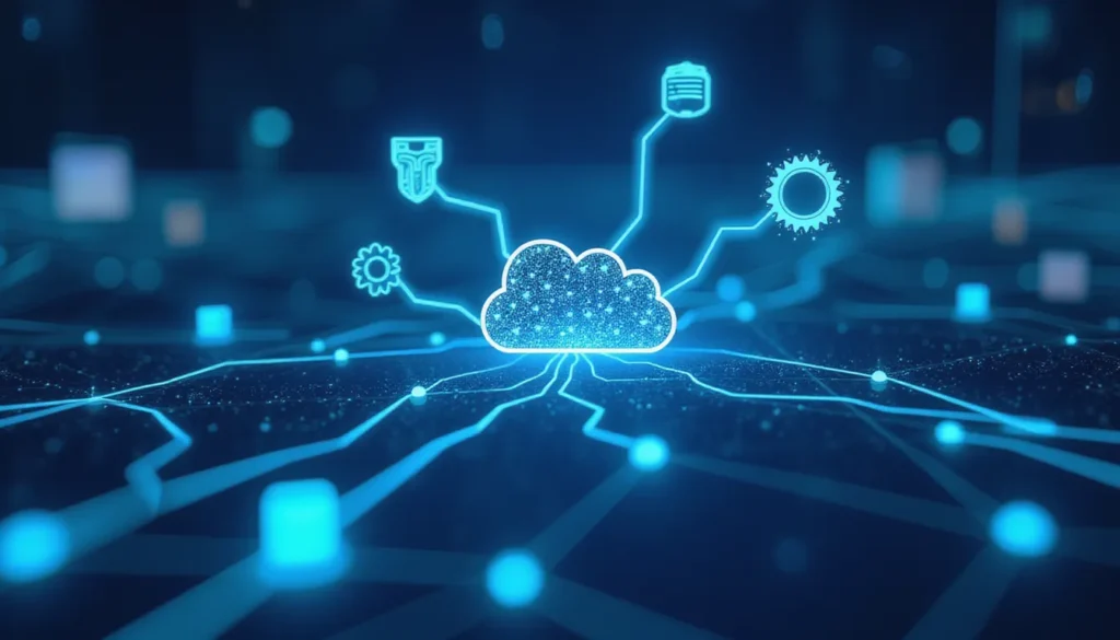 Futuristic AI automation workspace showing high-speed data streaming flows from cloud storage into intelligent neural nodes, symbolizing 100x faster machine learning dataset access