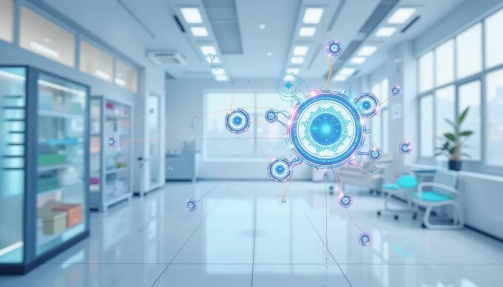 Futuristic workspace with 3D protein-ligand structures and AI data flows representing structural intelligence in automated drug discovery