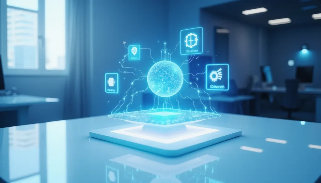 Futuristic AI-powered workspace visualizing tokenization in Transformers v5 with floating modular nodes, data flows, and glowing connections to represent NLP automation with Bot-Engine.