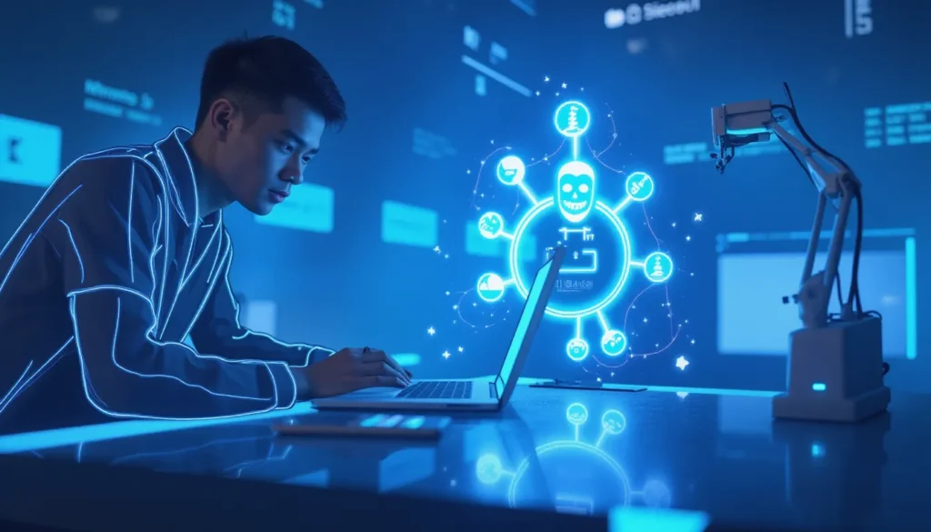 Futuristic minimalist workspace with glowing AI nodes and fluid lines representing vibe coding logic for game development automation