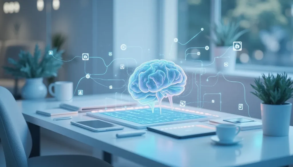 Futuristic AI workspace with abstract neural network and glowing data pipelines illustrating spreadsheet visual automation using Make.com and Bot-Engine integrations