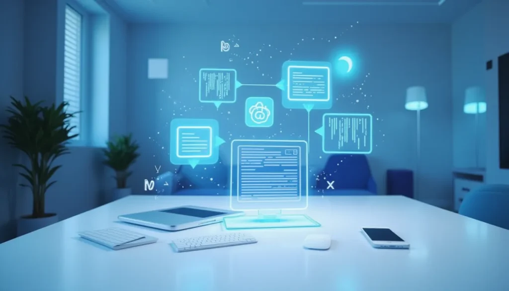 Futuristic scene showing AI-powered watermarking across text, image, and video formats, symbolizing automated content workflows using Gradio and Make.com platforms in a clean minimal tech workspace