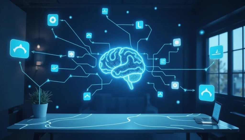 Minimalist AI automation workspace with abstract Claude model fine-tuning, neural network circuits, and Hugging Face-inspired nodes representing scalable LLM workflows