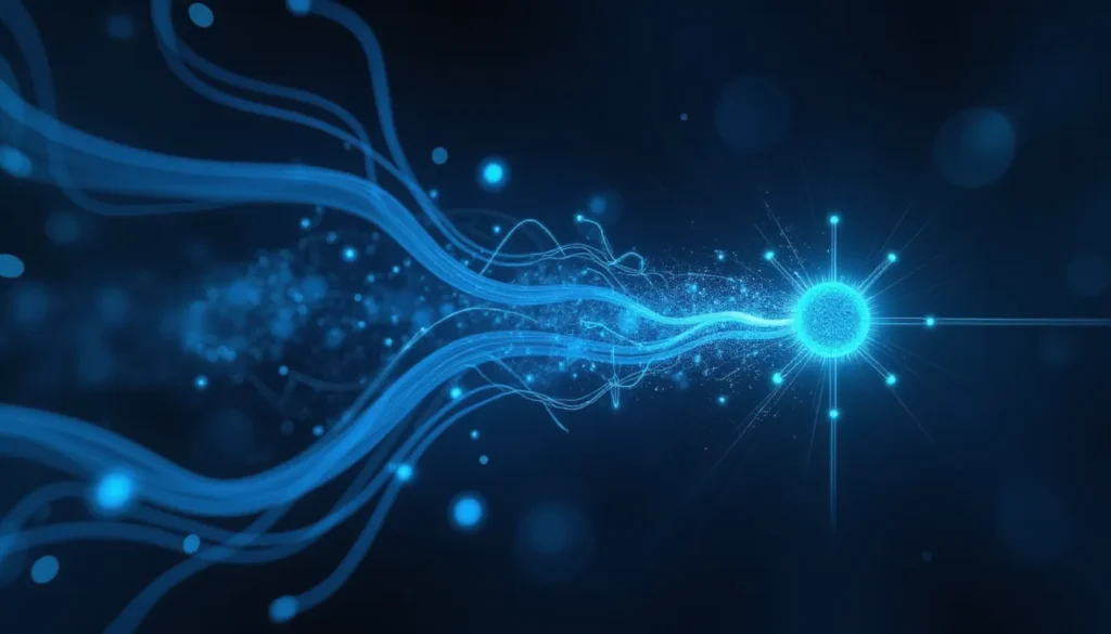Abstract AI workflow visual showing fluid data streams and node-based automations representing continuous batching and efficient LLM serving