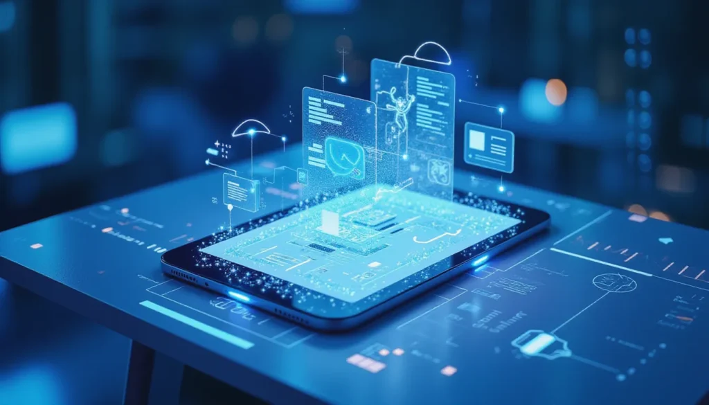 Minimalist tech workspace with futuristic AI elements depicting Core ML OCR automation across Apple devices