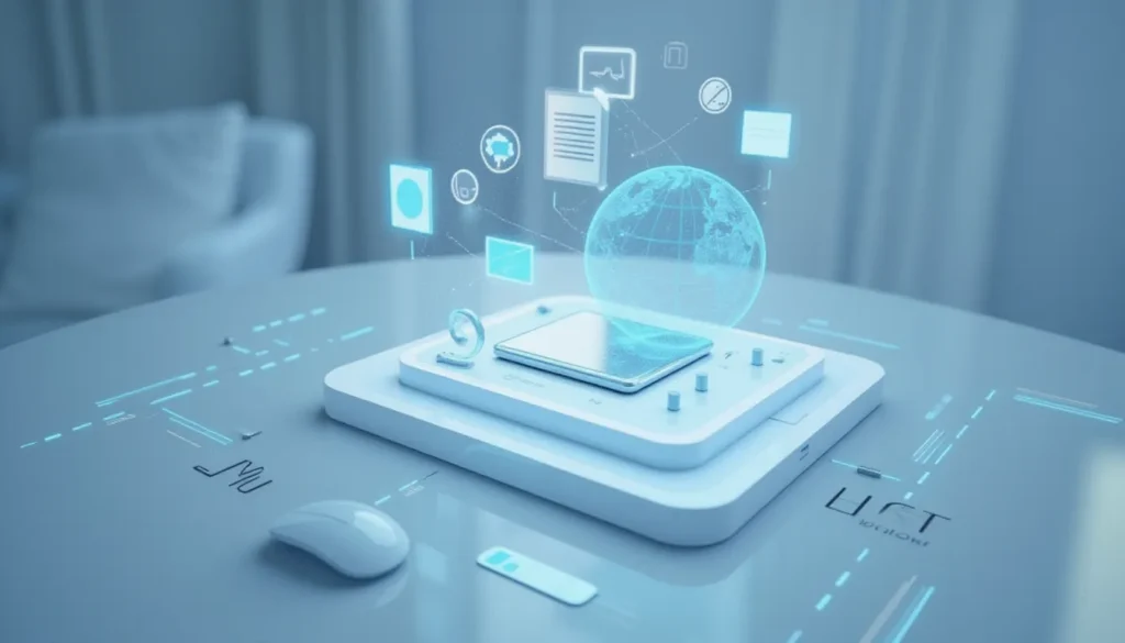 Futuristic abstract illustration of AI automation using Intel CPUs without GPUs, featuring neural network nodes, minimal workspace design, and glowing data flows symbolizing vision-language model deployment with OpenVINO and quantization techniques