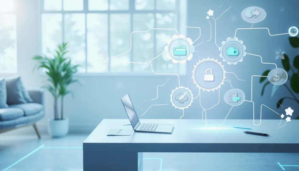 Futuristic minimalist workspace visualizing AI agent automation with fluid glowing data flows, abstract node connections, and intelligent icons representing CUGA and Langflow infrastructure