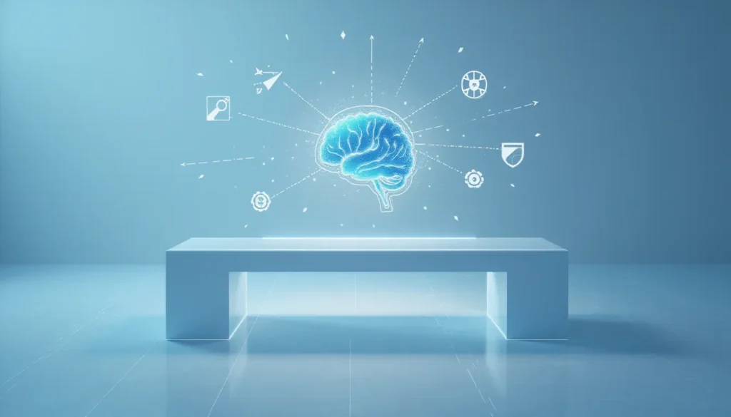 Futuristic minimal AI-powered workspace with glowing neural automation circuits symbolizing deep research agents and context engineering