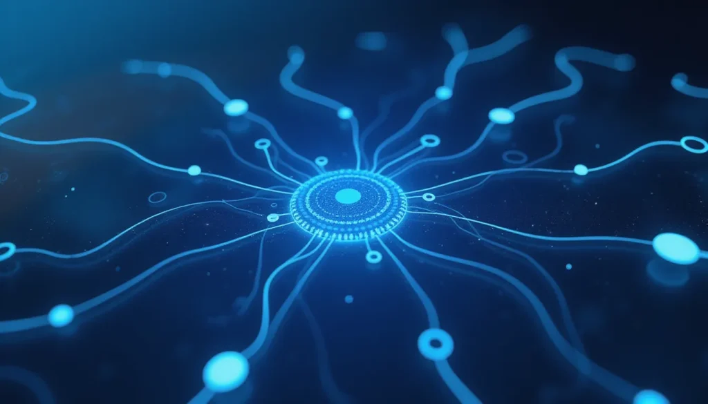 Minimalist futuristic workspace with glowing AI circuitry and data flows representing distillation and efficient LLM automation for platforms like Make.com and Bot-Engine