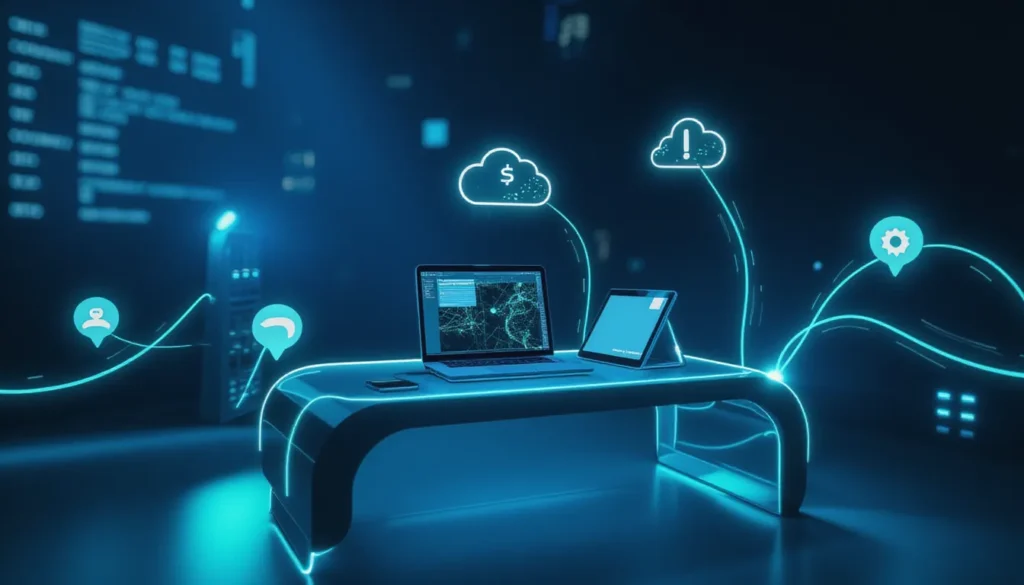 Premium futuristic workspace illustrating LLM fine-tuning via Hugging Face and Together AI with abstract AI automation nodes and glowing data flows.