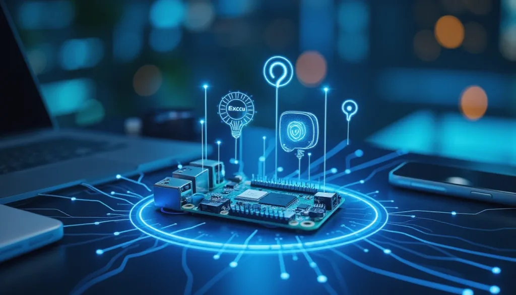 Futuristic AI automation environment showing edge devices like Raspberry Pi and Android phone with glowing circuits symbolizing generative AI on Arm CPUs using ExecuTorch and KleidiAI