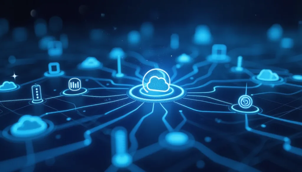 Abstract digital artwork of AI-powered automation workflows inspired by huggingface_hub v1.0 upgrade for small business and no-code platforms