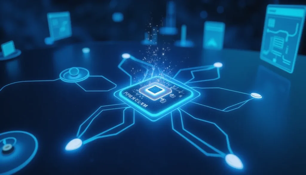 Futuristic minimalist visualization of local AI model automation using llama.cpp with flowing automation nodes, clean workspace and glowing circuits, representing multilingual and scalable LLM workflows