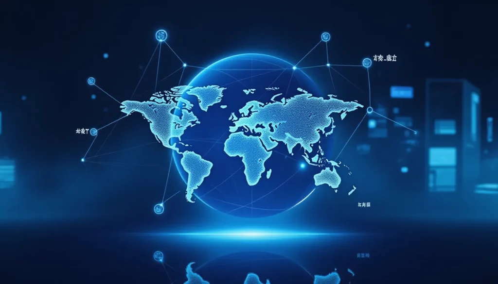 Futuristic AI automation workflow depicting mmBERT-powered multilingual processing across globe with fluid data lines and neural network nodes in a minimalist smart workspace
