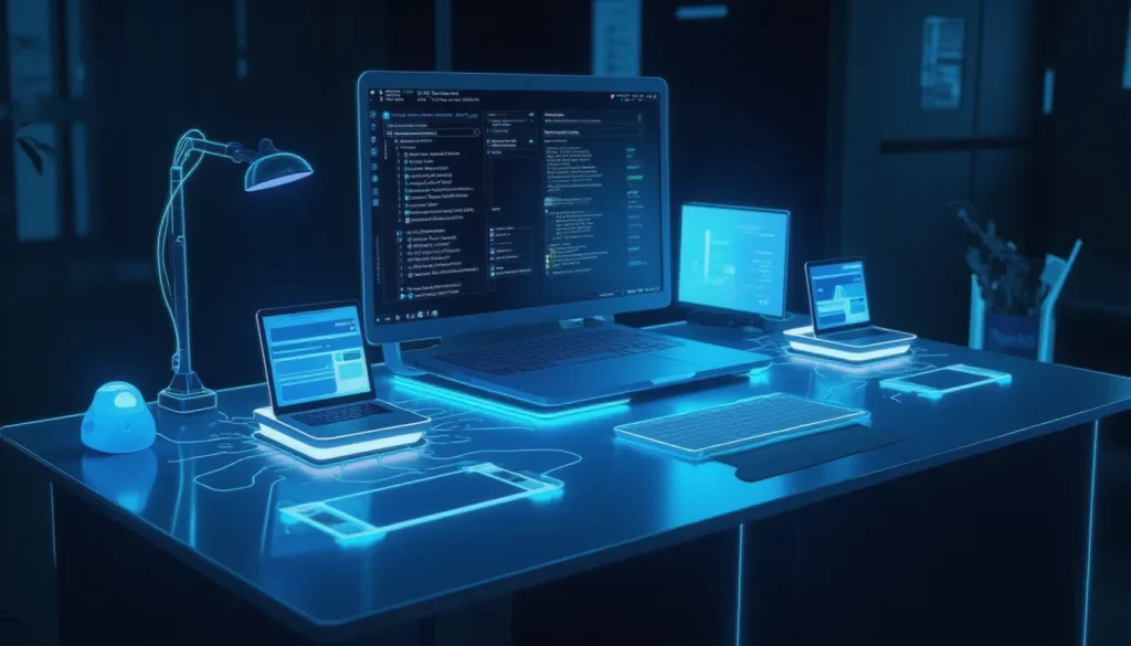 Futuristic minimalist workspace showing AI nodes and glowing automation flows symbolizing modular AI integration with AnyLanguageModel API across Apple platforms and multilingual automation.