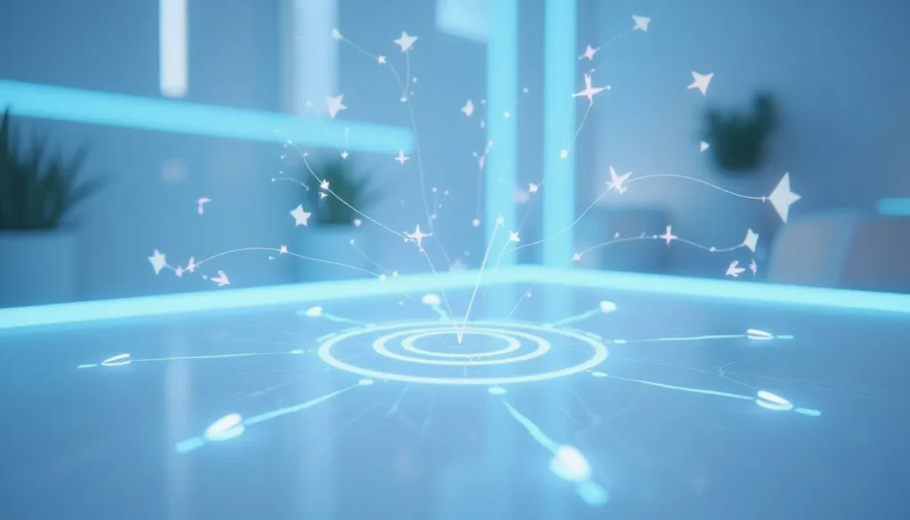 Futuristic AI automation interface showing model evaluation workflow with nodes, glowing circuits, and automation icons for tasks like translation and summarization, aligned with open benchmarking concepts.