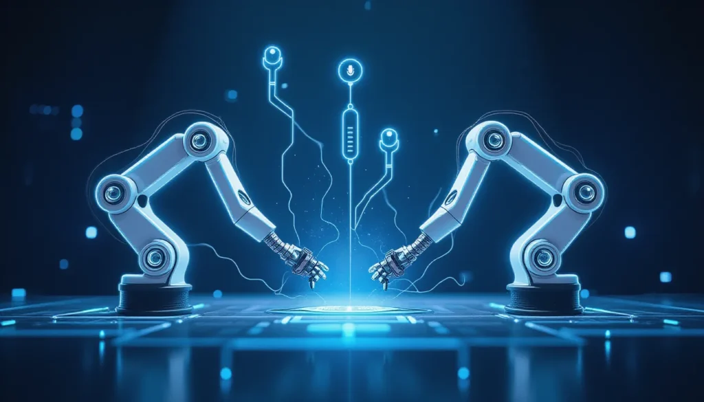 Futuristic workspace showcasing AI-powered open-source robotics automation with modular robot arms, glowing data circuits, and VLA policy indicators