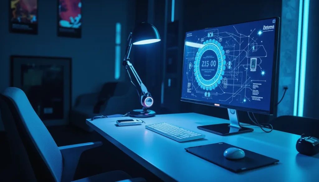 Minimalist AI automation workspace depicting PyTorch AoT compiled workflow on ZeroGPU with abstract data flow lines, dynamic optimization nodes, and glowing futuristic circuits for ML inference and performance improvement