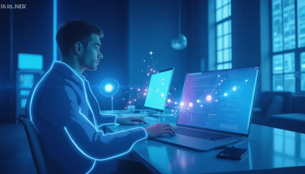 Abstract AI automation workspace showcasing PyTorch-powered smart nodes and efficient Transformers v5 workflows in a futuristic setting