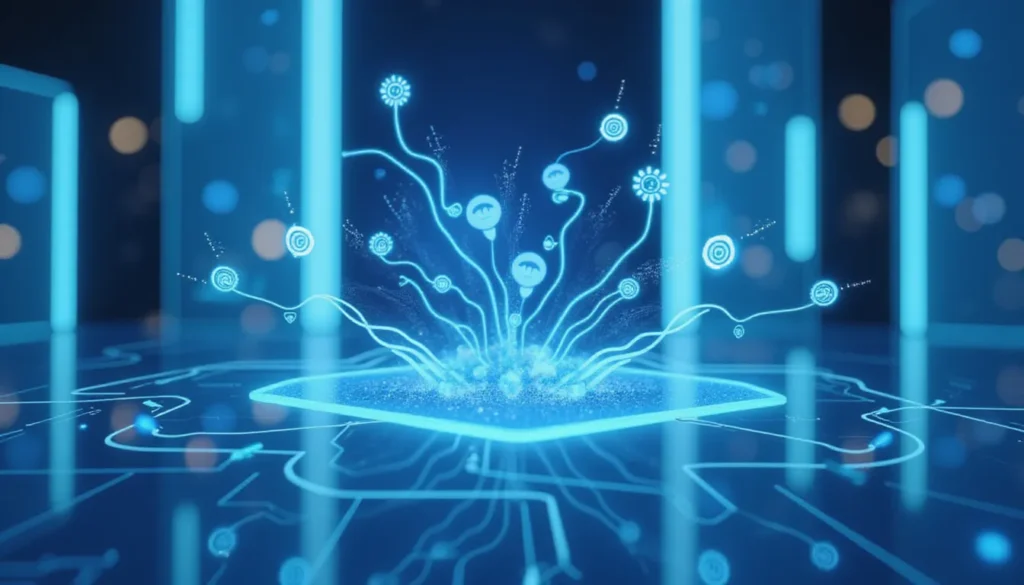 Futuristic visualization of AI fine-tuning automation using RapidFire, showing interconnected neural circuits, glowing nodes, and data streams representing high-speed TRL workflows