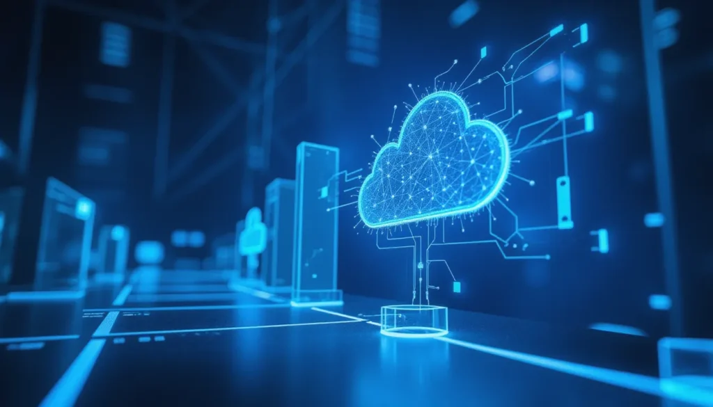 Abstract futuristic workspace showing AI-powered serverless inference automation with neural nodes and fluid cloud connections, representing Scaleway and Hugging Face integration
