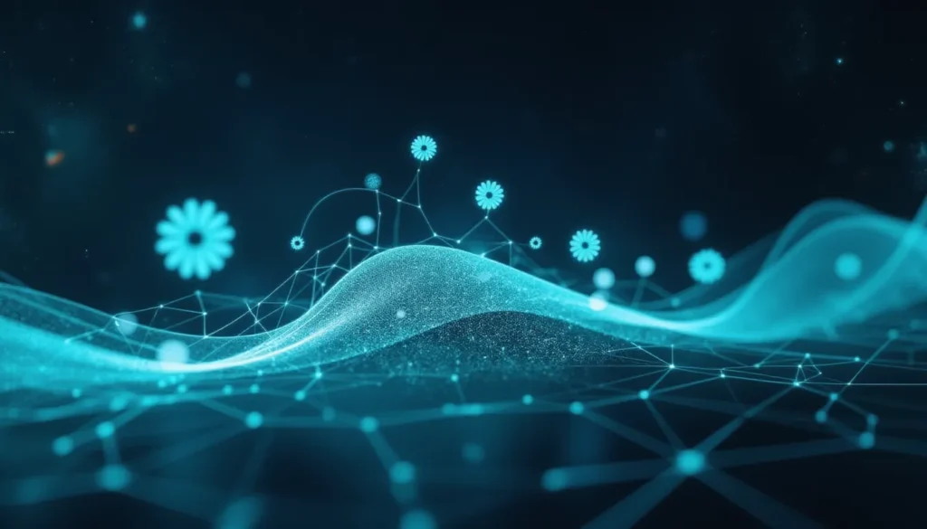 Futuristic representation of LeRobotDataset v3.0 showing live-streaming robotics data powering AI automation workflows, with neural data flows and multimodal sensor visualization in a high-tech workspace.