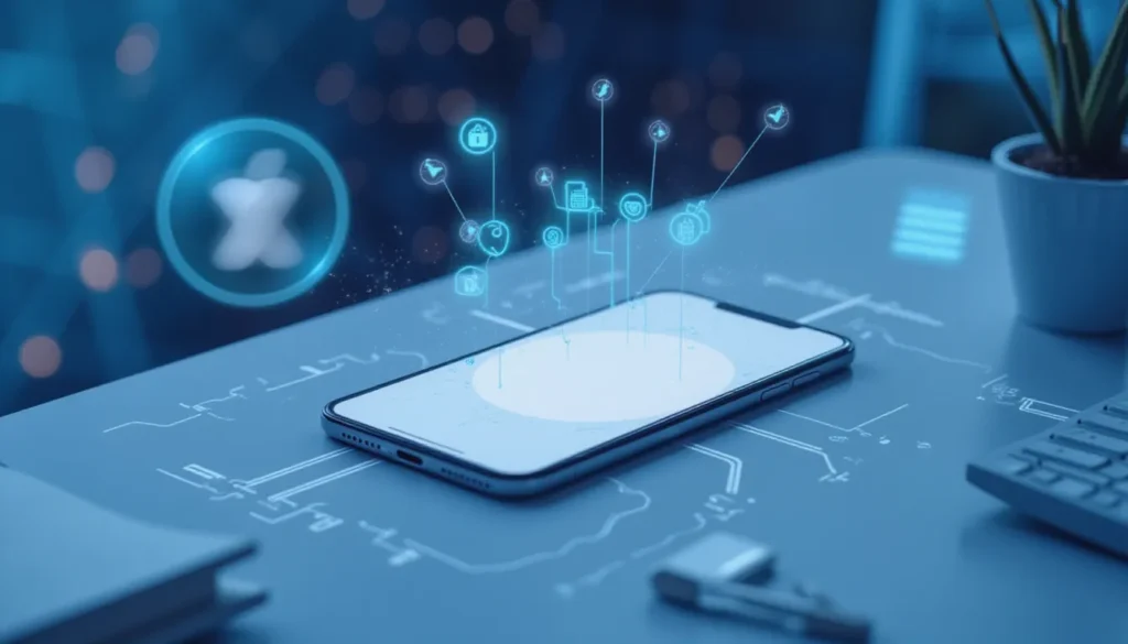 Futuristic illustration of a Swift-powered mobile AI automation system using Hugging Face model flows in a minimal workspace, with glowing circuits and abstract nodes representing on-device neural caching and automation.