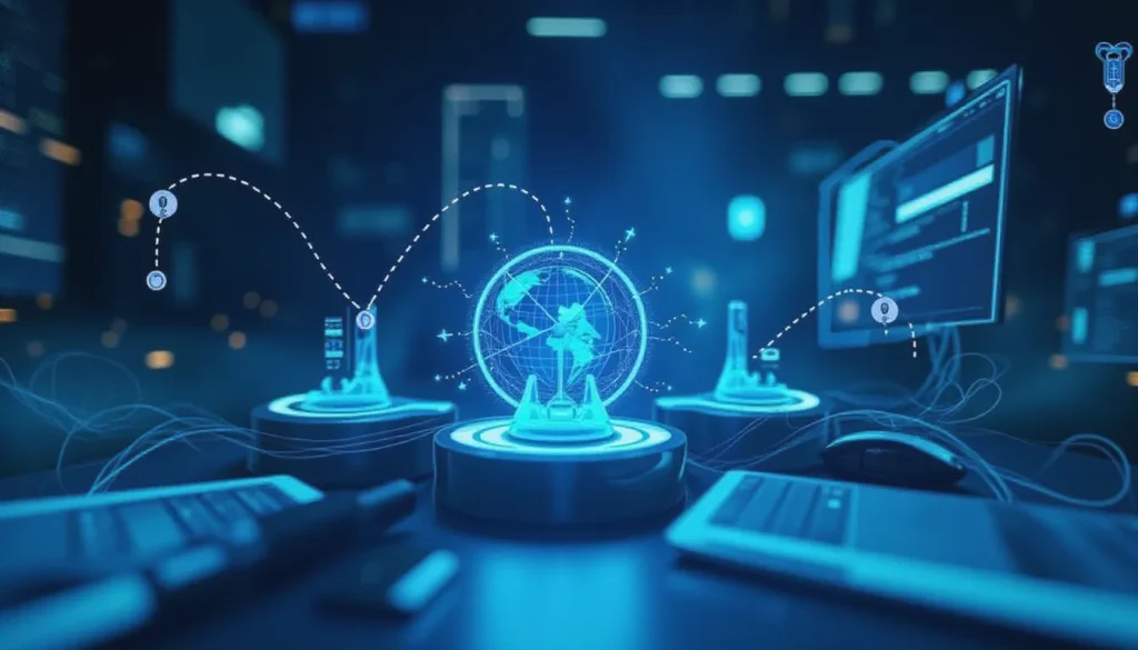 Futuristic AI automation workspace representing Swift Transformers on Apple devices integrating with Core ML and MLX for local multilingual workflows